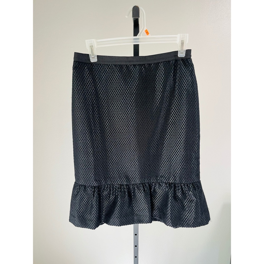 Ann Taylor Pencil Skirt Black Velvet Polka Dot Ruffle Hem Size 2 Mesh Flounce